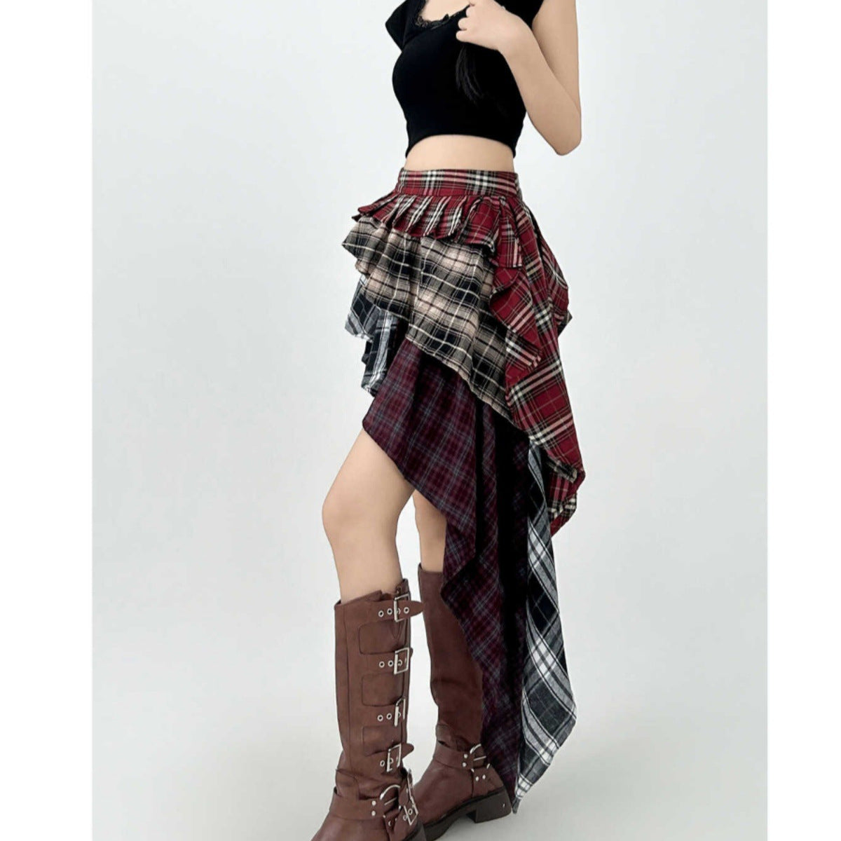 Women's Contrast Patchwork Plaid High Waist Slimming Skirt