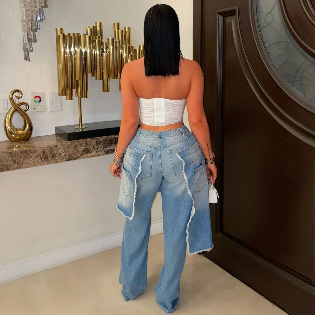 Women's Fashion Denim Distressed Stitching Horse Riding Cut Decoration Women's Jeans