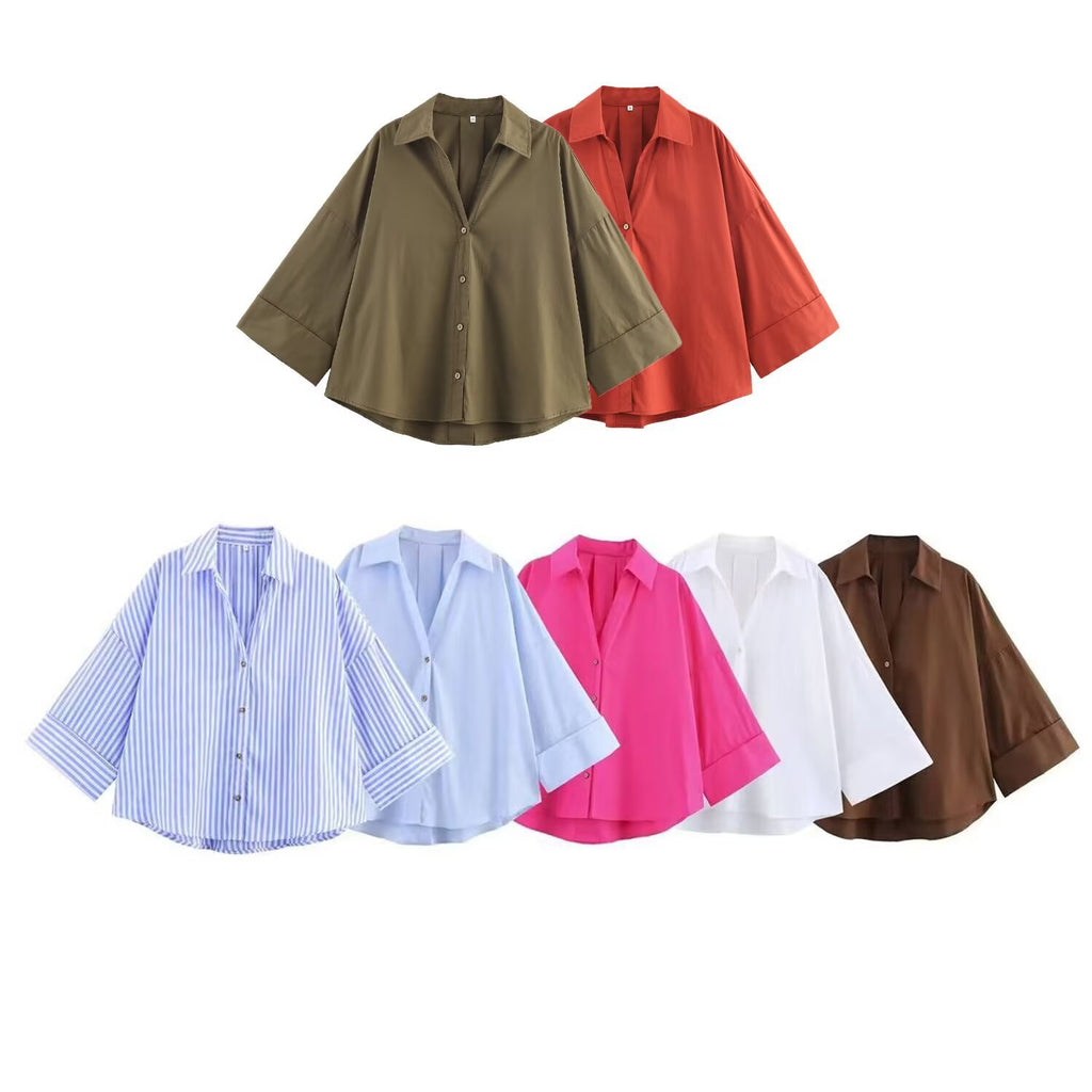 Women's Fashion Casual Lapel Striped Wide Sleeve Shirt Cotton Blouse