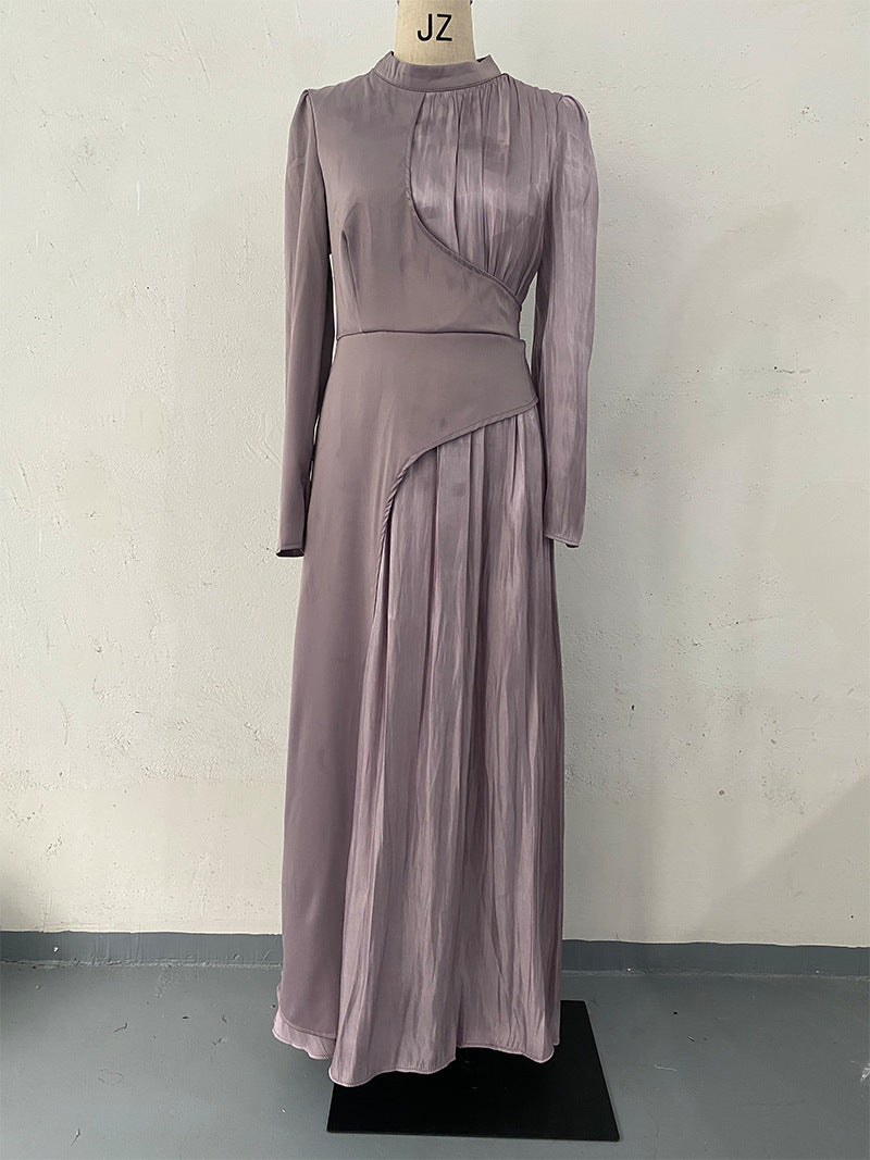 Women's Irregular Color Contrast Patchwork High Waist Pleated Slingback Long Dress