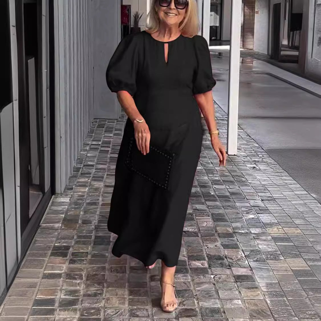 Women's Solid Color Loose-fitting Casual Puff Sleeve Dress