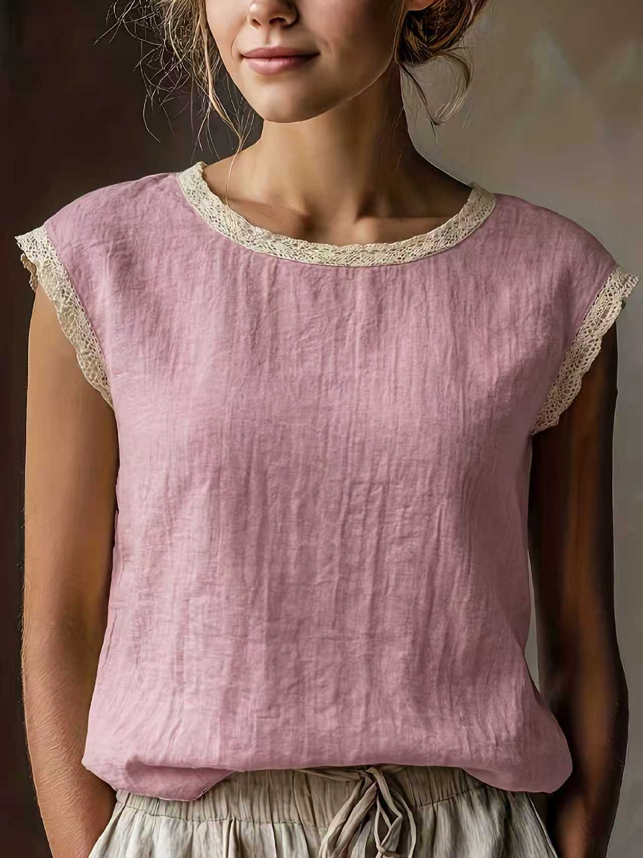 Women's Solid Color Round Neck Lace Stitching Sleeveless Linen Blouse