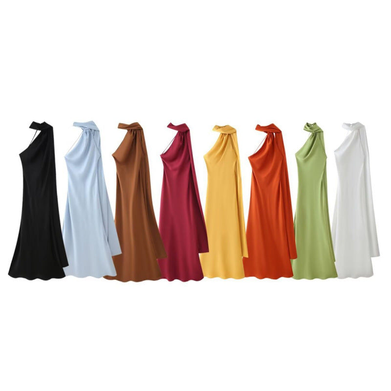 Women's Silk Satin Texture Ribbon Halter Dress