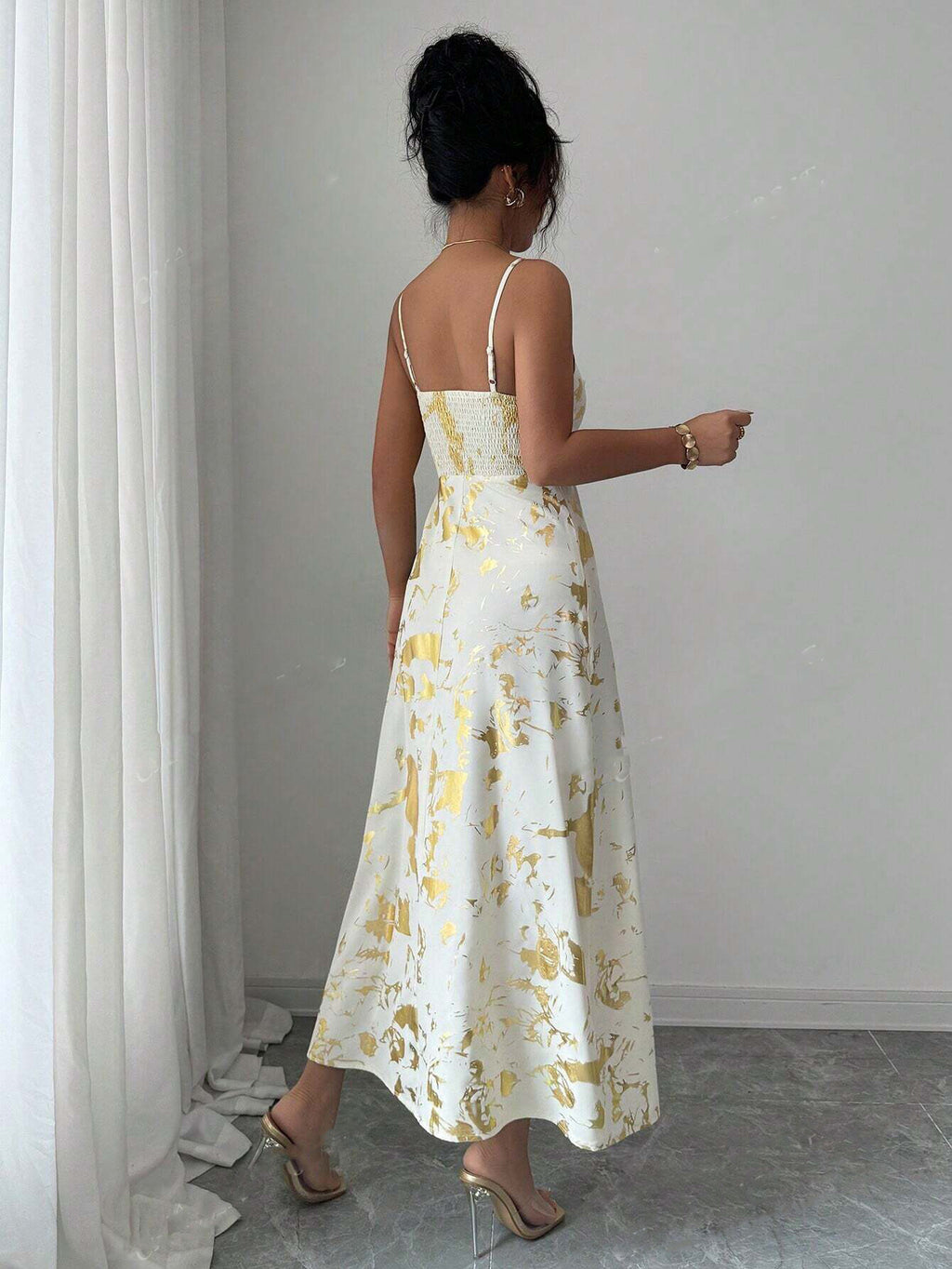 Women's Elegant Backless Beach Travel For Fully Golden Foil Print Dress