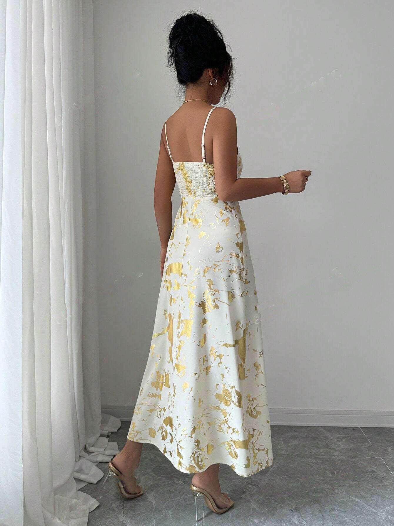 Women's Elegant Backless Beach Travel For Fully Golden Foil Print Dress