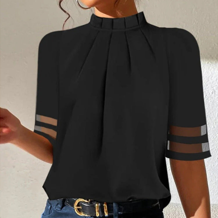 Popular Summer Pure Black Pleated Turtleneck Blouse