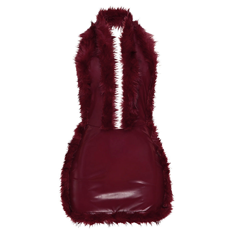 Sexy Street Hipster Leather Stitching Sleeveless Halter Dress