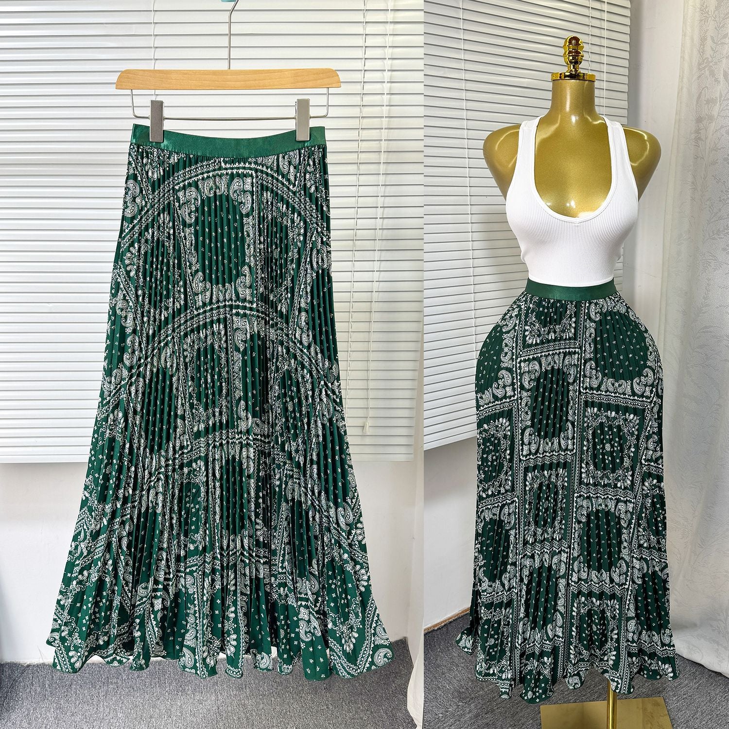 Women's Retro Printed High Waist A- Line Mid-length Pleated Large Hem Skirt