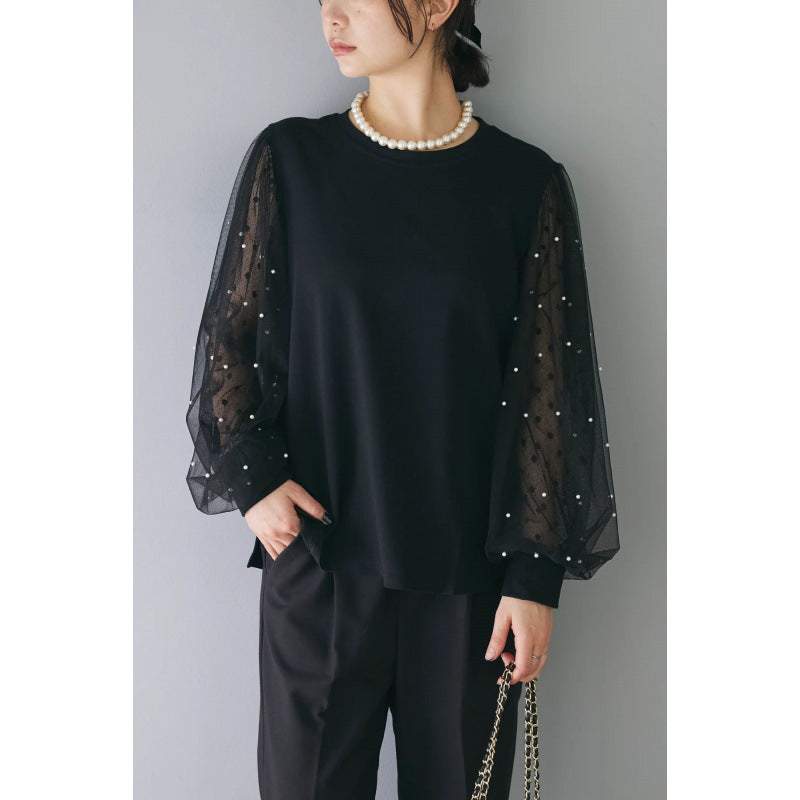 Women's Autumn Loose Split Stitching Mesh Long-sleeved Women's T-shirt