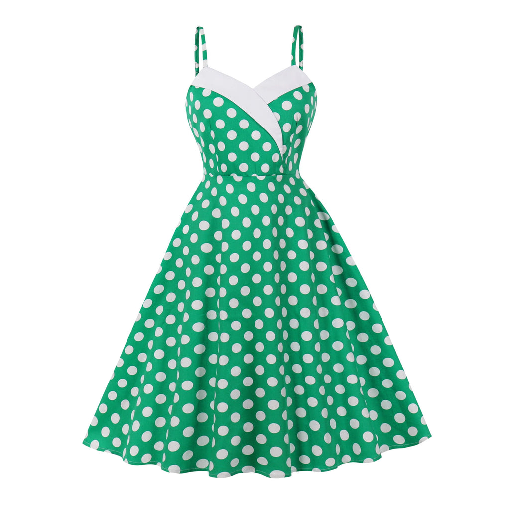 Women's Fashion Summer Strap Polka Dot White Waist Slimming Dress