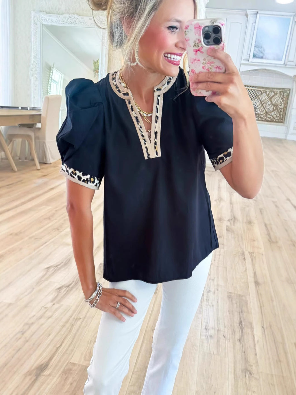 Pullover Leopard Print Contrast Color Puff Sleeve Fashionable Elegant Blouse