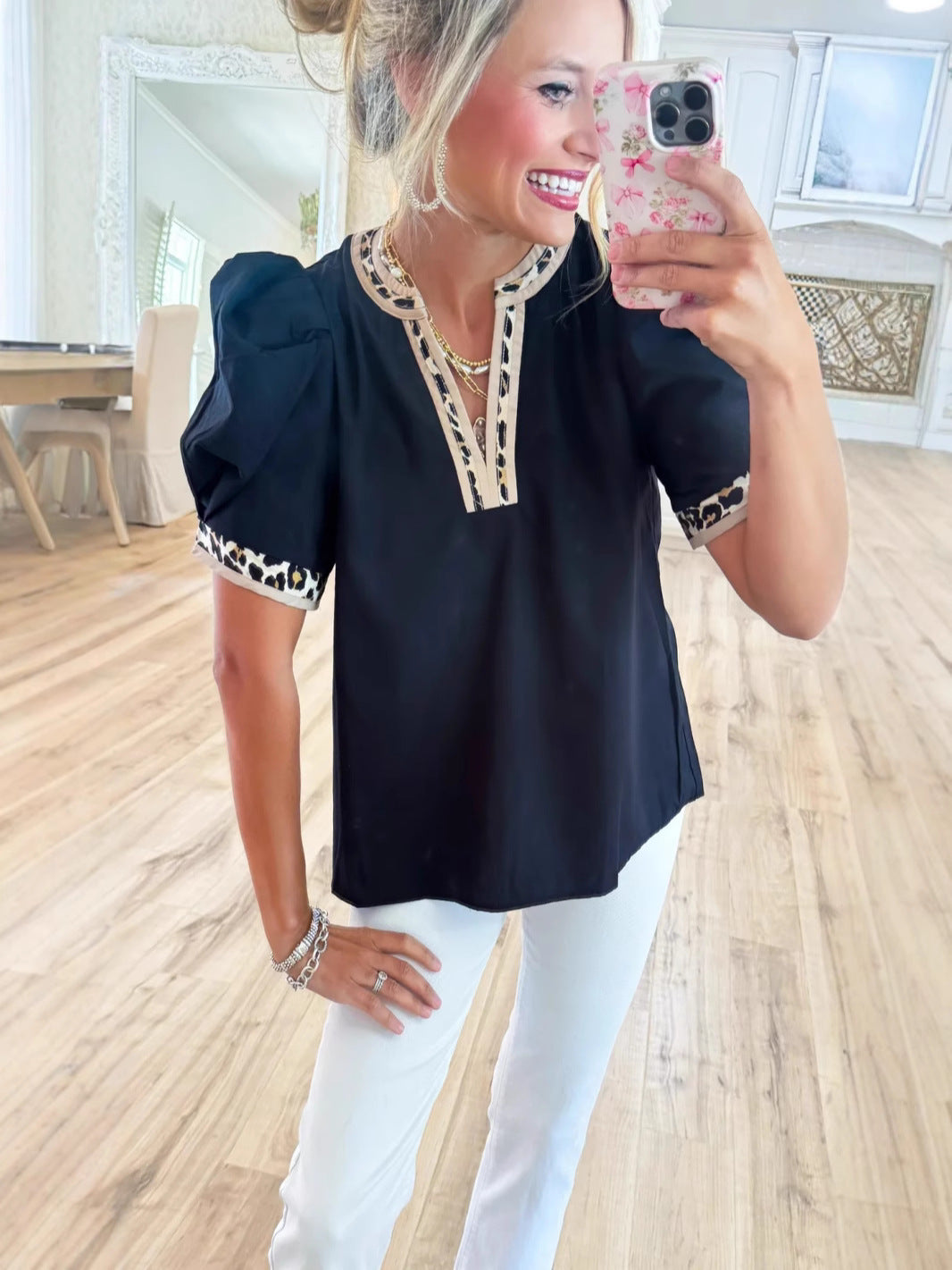 Pullover Leopard Print Contrast Color Puff Sleeve Fashionable Elegant Blouse
