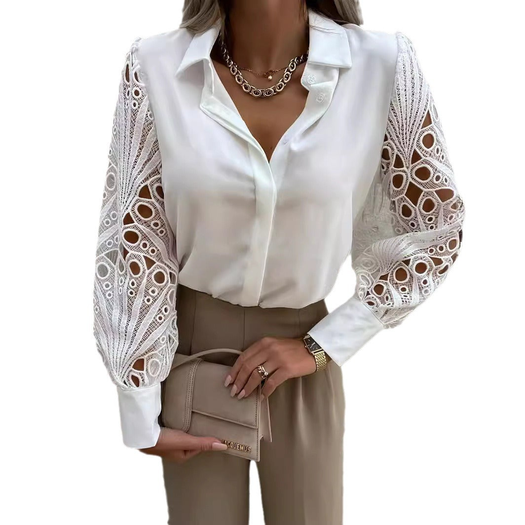 Women's Solid Color Lace Stitching Shirt Blouse
