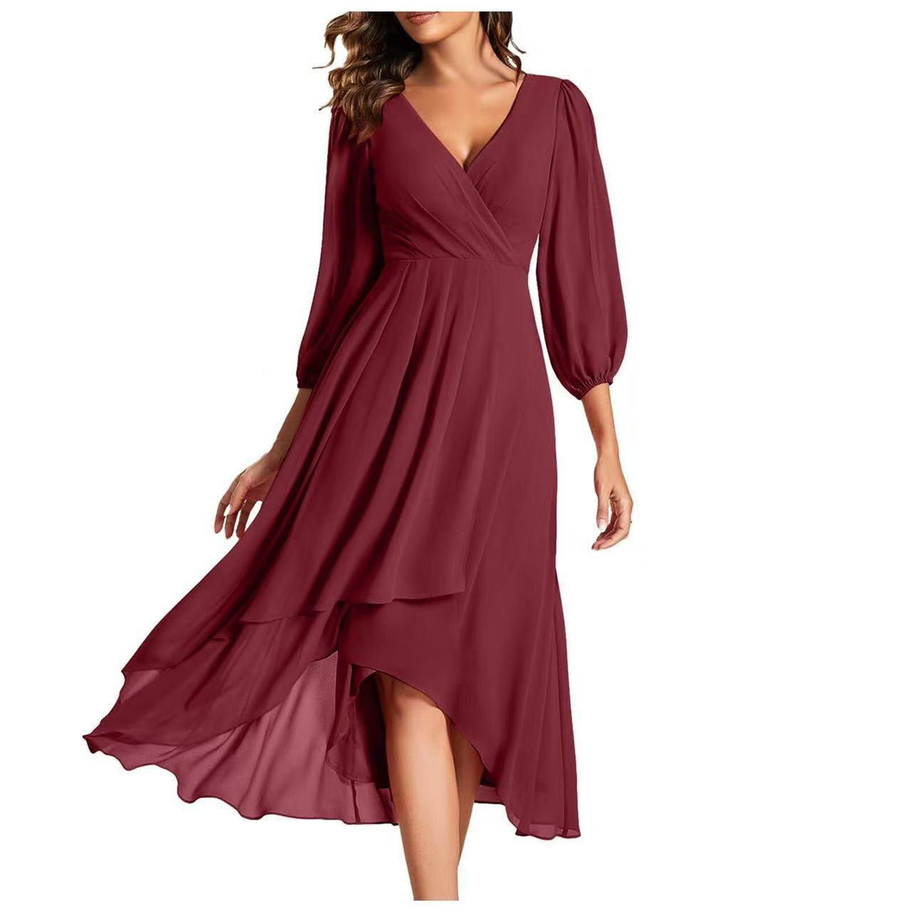 Women's Solid Color Sleeve Tight Waist Slim Bridesmaid Dress