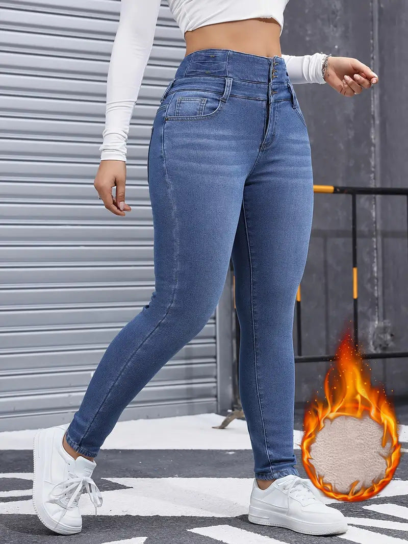 Women's Fleece-lined Elastic Skinny Blue Washed Slim Denim Jeans