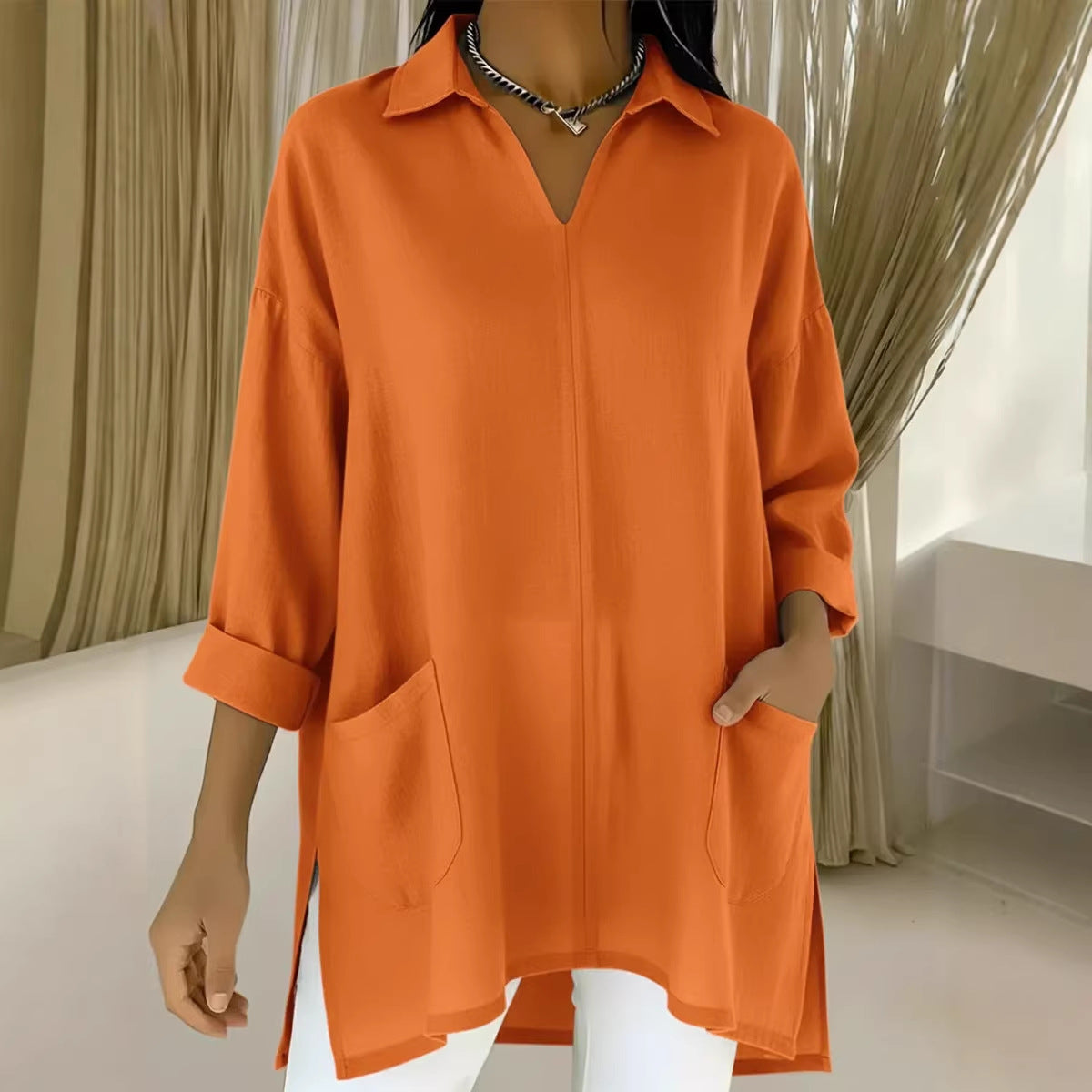 Women's Spring Fashion Solid Color Thin Pocket Blouse