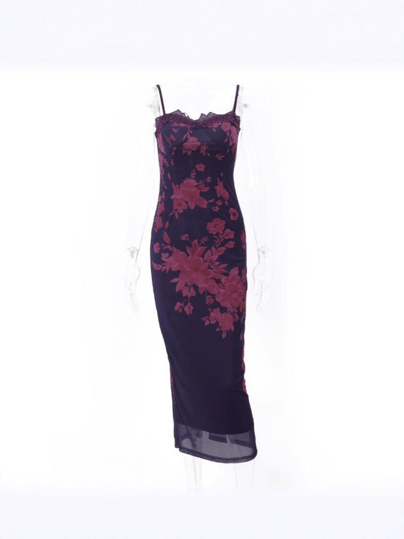 Style Sexy Backless Lace Edge Vintage Printed Dress