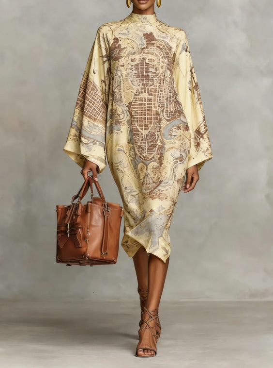 Trendy Autumn Digital Printing Fresh Retro Dress