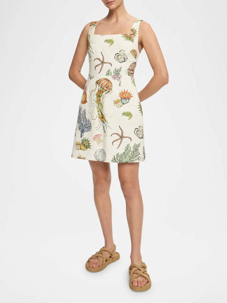 Cotton Linen Printed Casual Strap Mini Dress