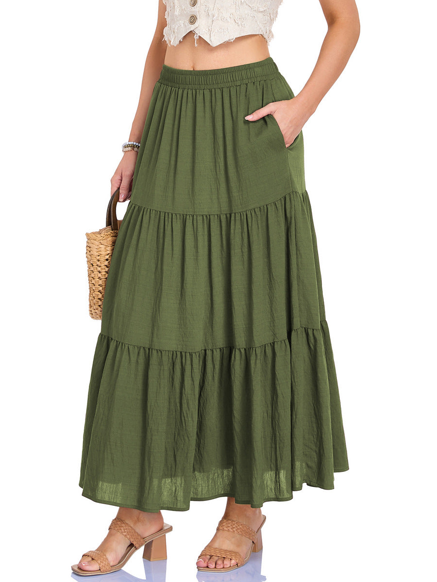 Women's Linen Pocket High Waist Elastic Band Lining Skirt