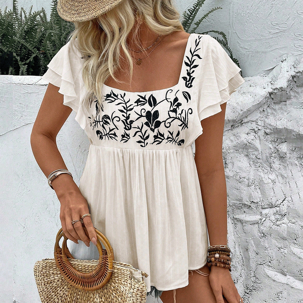 Women's Lace Square Collar Sleeve Embroidered Shirt Cool Blouse