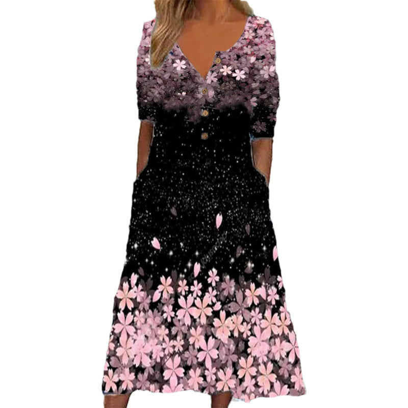 Women's Spring Printed Button Sleeve Pocket Dress