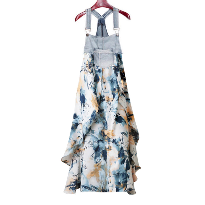 Color Loose Denim Stitching Floral Strap Dress