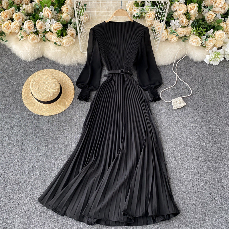 Women's Tight Waist Design Pleated Lightly Mature Dress