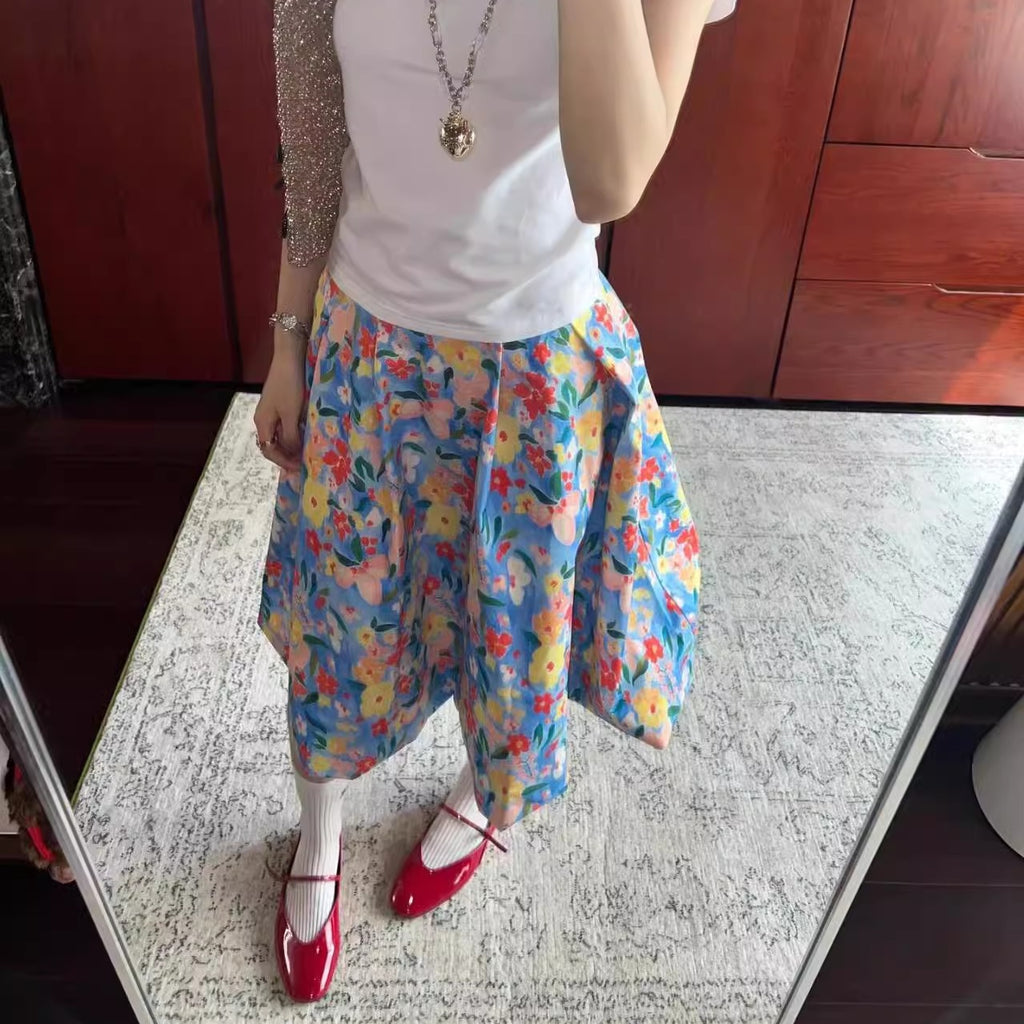 Women's Floral Bubble Small Summer High Waist Flowers Print Skirt