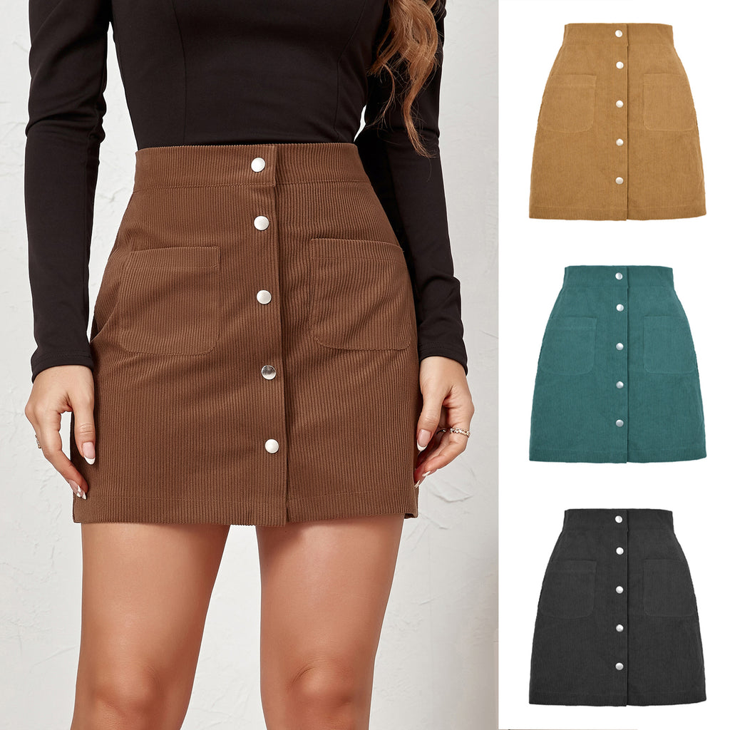 Women's Corduroy Sheath Single-breasted Slim Fit Solid Skirt