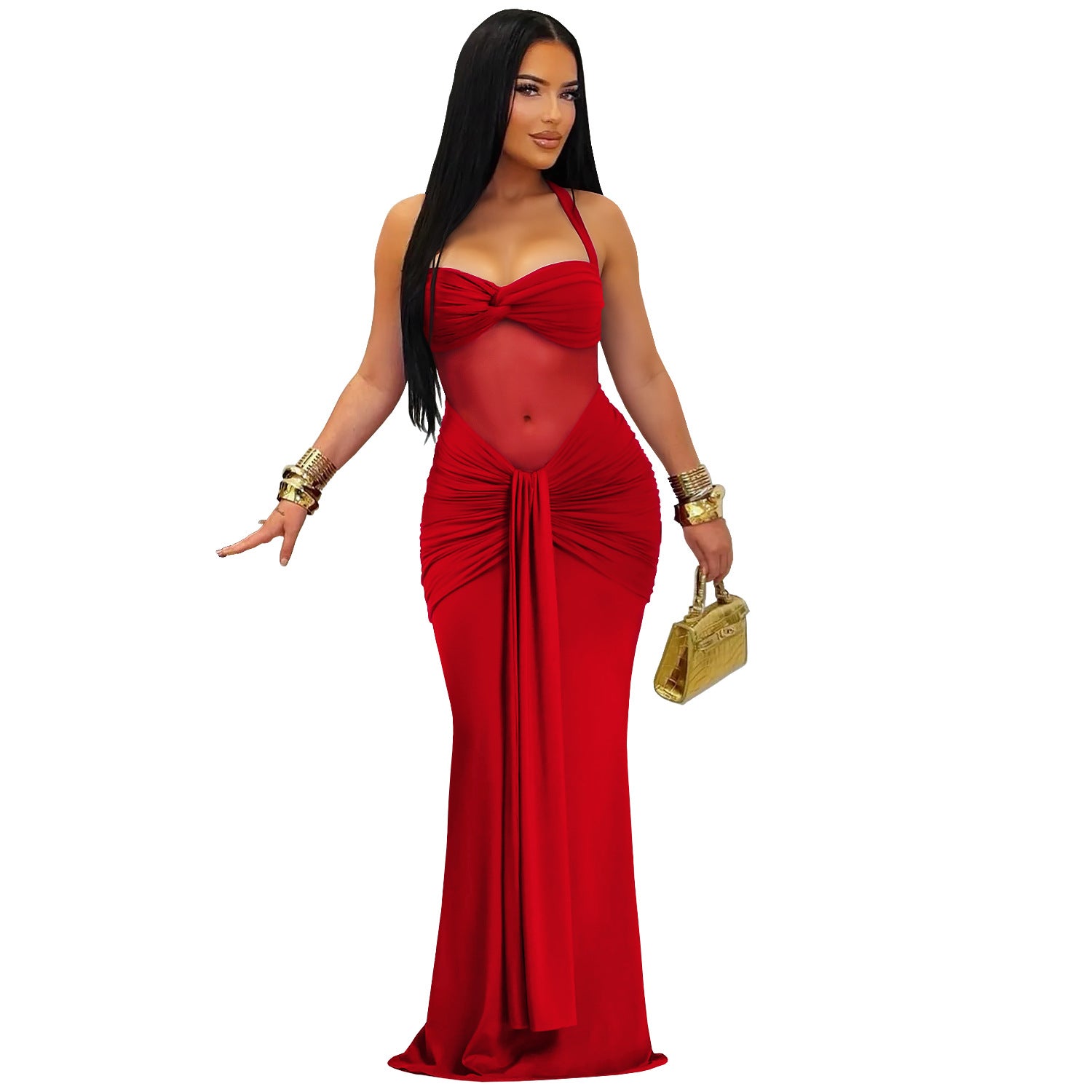 Women's Fashion Wear Sexy Mesh Halter Tied Dress