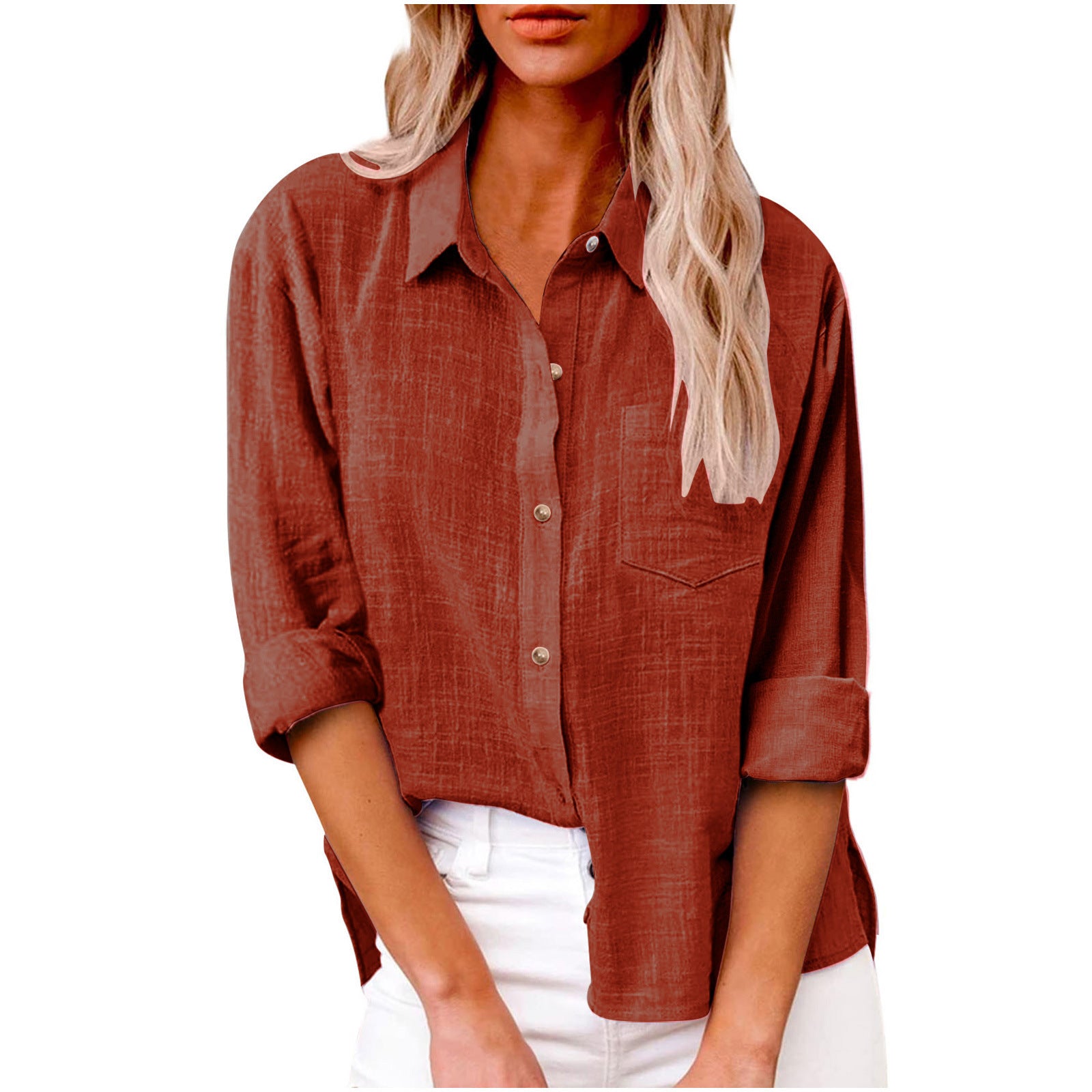 Women's Solid Colored Lapel Button Long-sleeved Cotton Linen Blouse