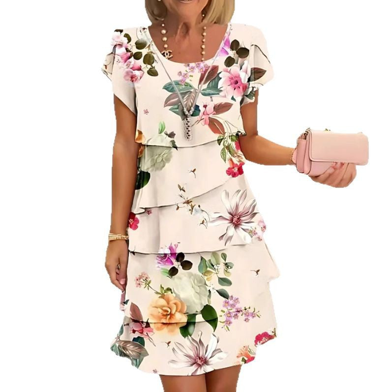 Sleeve Round Neck Printed Series Light Luxury Dress