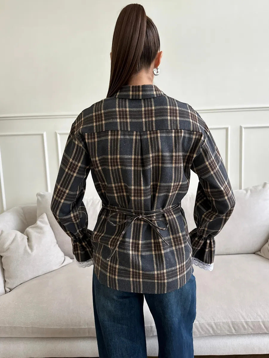 Versatile Design Slim Fit Shirt Plaid Long Blouses