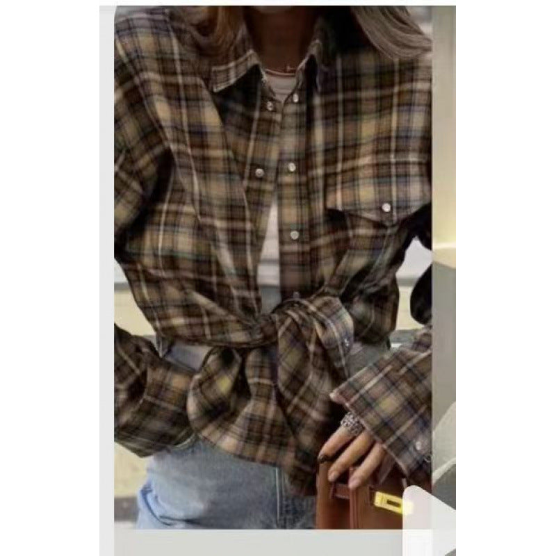 Women's Style Lapel Loose Shirt Autumn Plaid Long Blouse