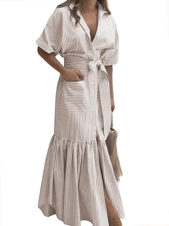 Fashion Striped Sleeve Loose Midi Shirt Shorts