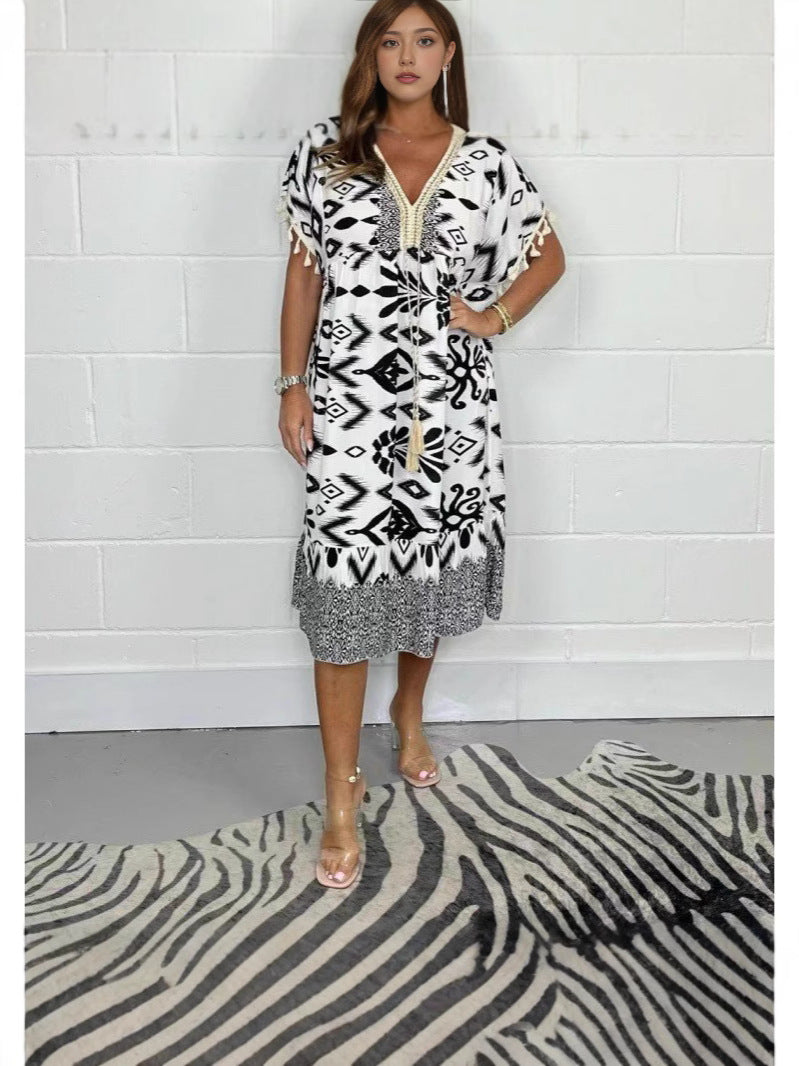 Women's Summer Fashion Printed Tassel Stitching Casual Dress