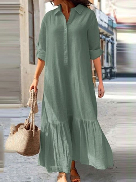 Cotton Linen Long Irregular Shirt Collar Skirts