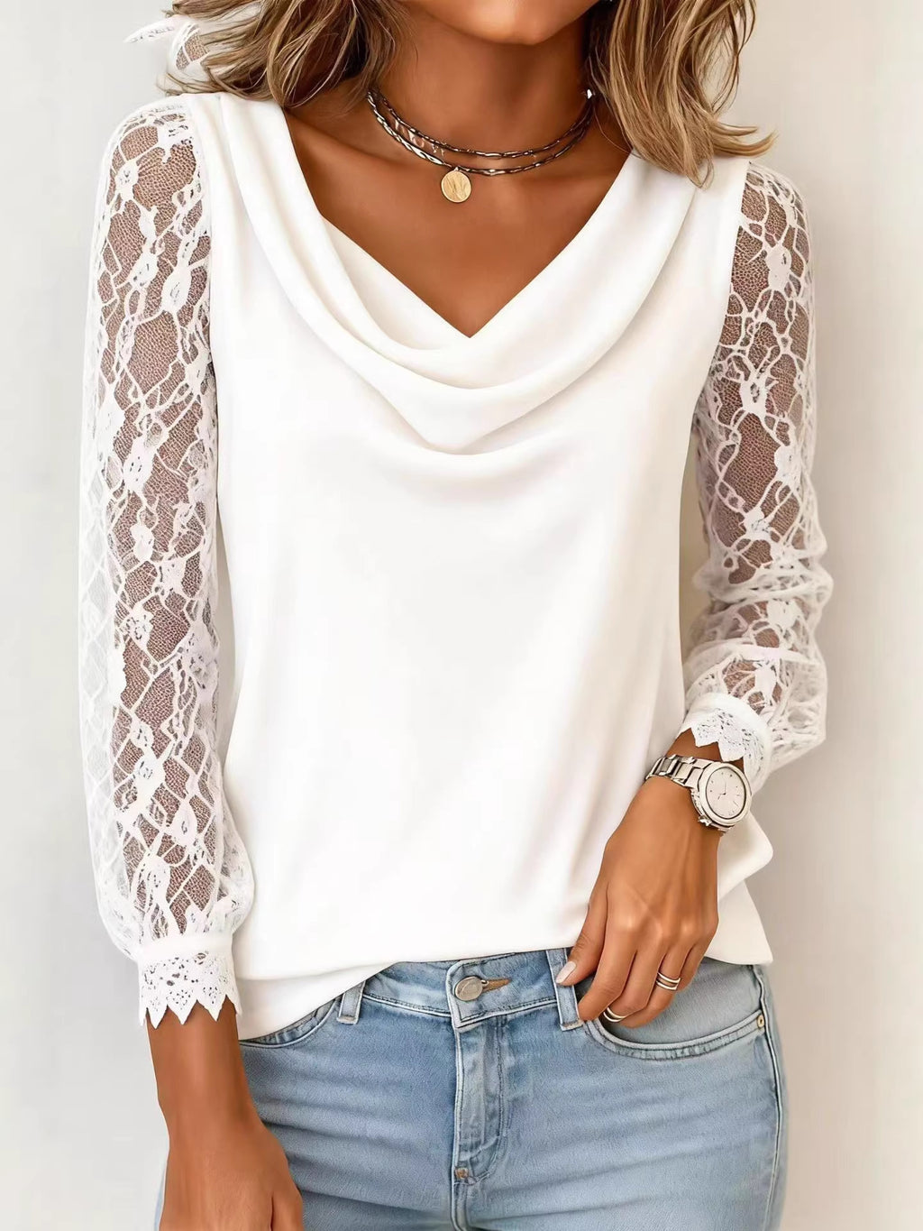 Women's Lace Stitching Sleeve Swing Collar Women's T-shirt