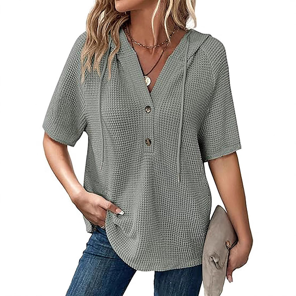 Women's Summer Waffle Knitted Short-sleeved Shirt Lightweight Drawstring Hoodie Blouse