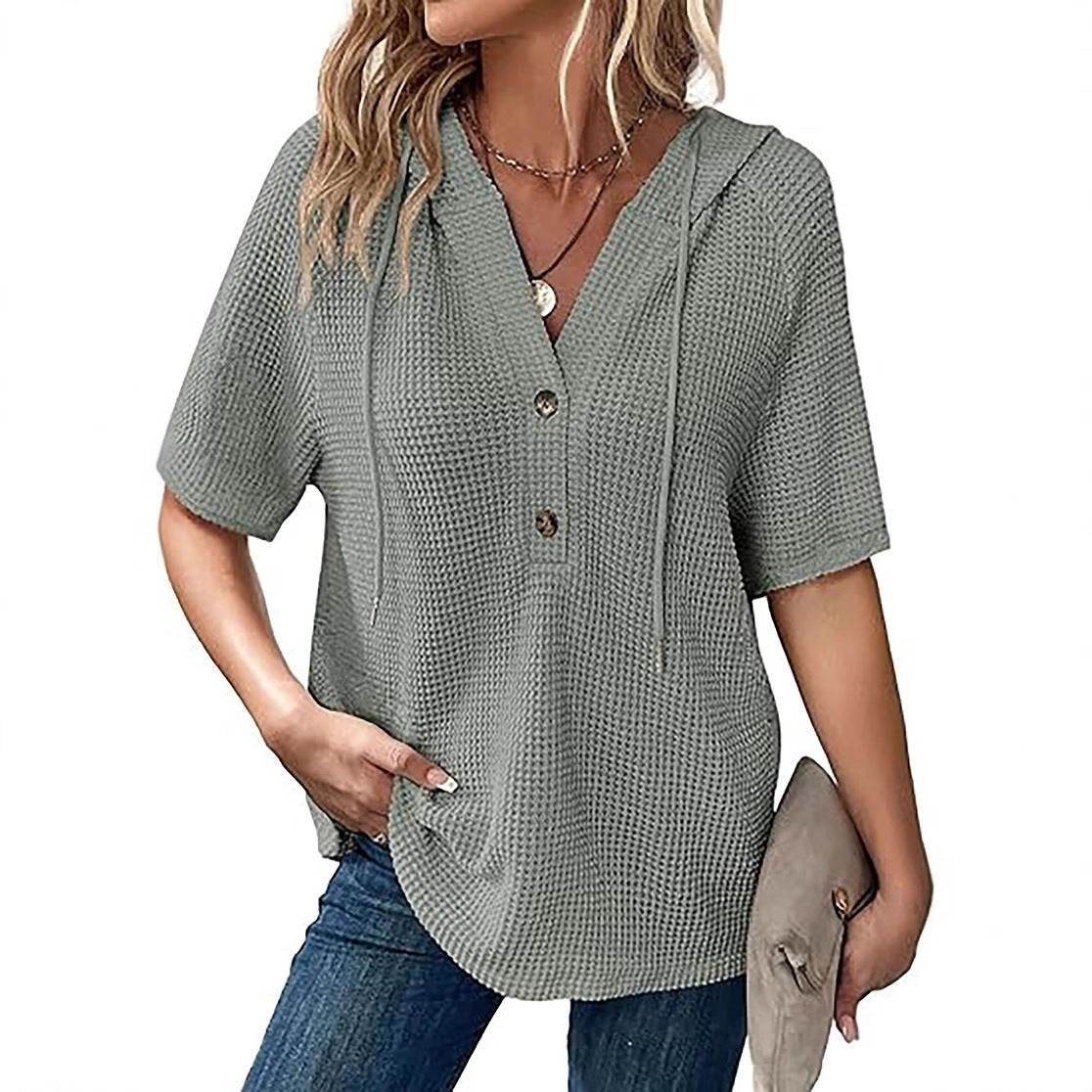 Women's Summer Waffle Knitted Short-sleeved Shirt Lightweight Drawstring Hoodie Blouse