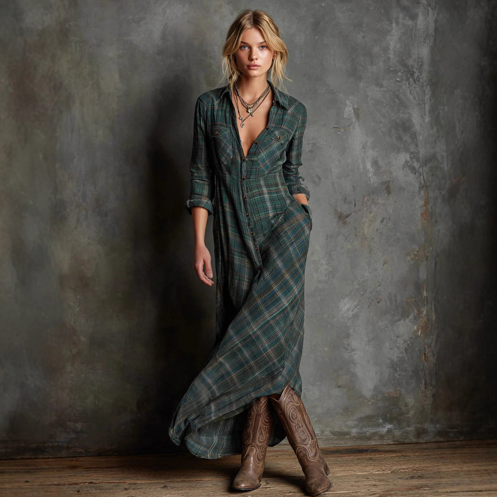 Women's Elegant Long Sleeve Plaid Shirtdress Fashion Dress