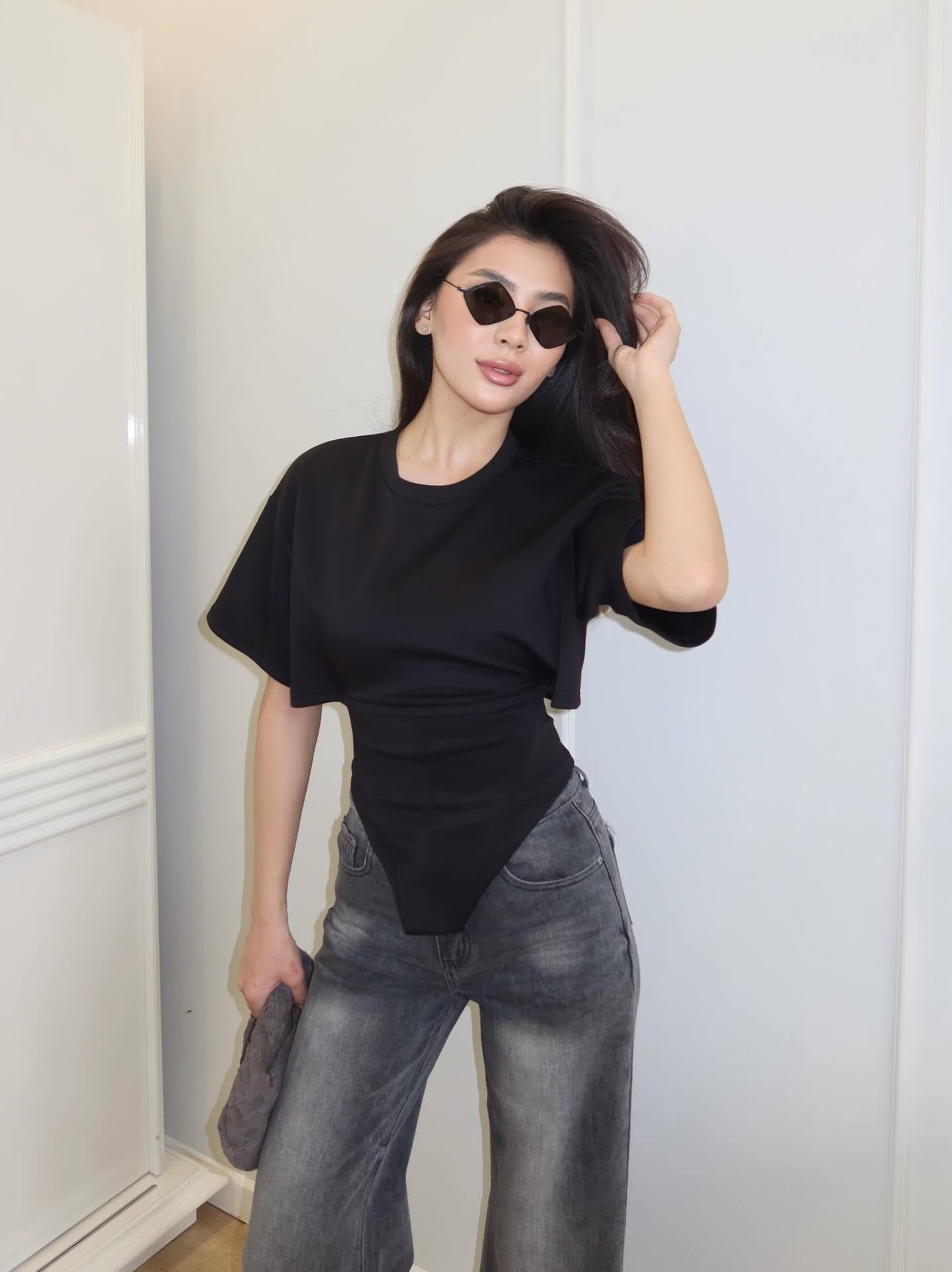 Short-sleeved Female Summer Hot Wear Comfortable Solid Waist Design Women's T-shirt
