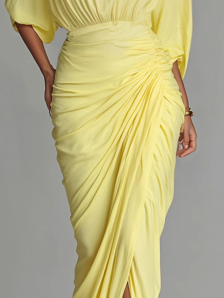 Women's Yellow Pleated Elegant Turtleneck Long Dress