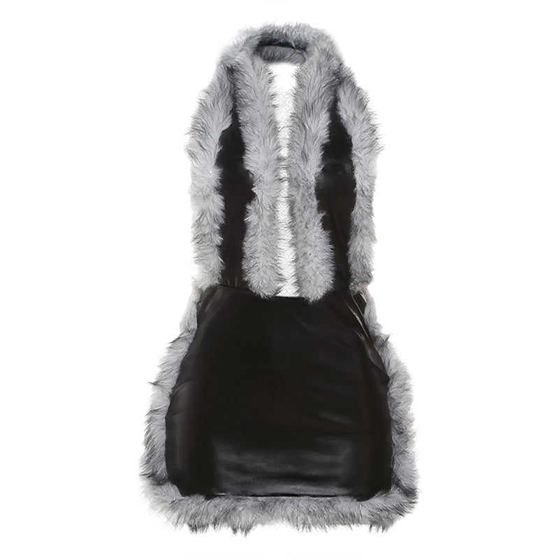 Sexy Street Hipster Leather Stitching Sleeveless Halter Dress