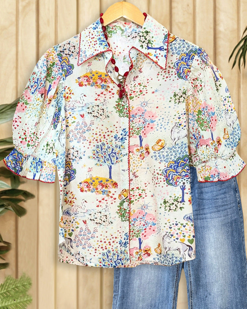 Women's Summer Artistic Vintage Small Floral Half Sleeve Shirt Dog Teeth Tops