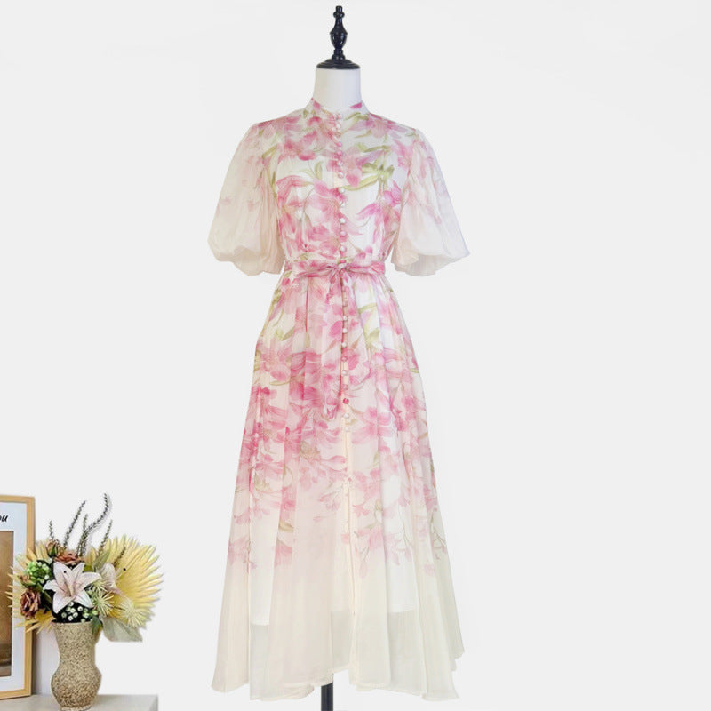 Women's Sleeve Fashion Printed Single-breasted Summer Long Dress