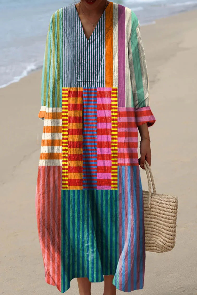 Women's Printed Fashion Popular Stitching Linen Dress