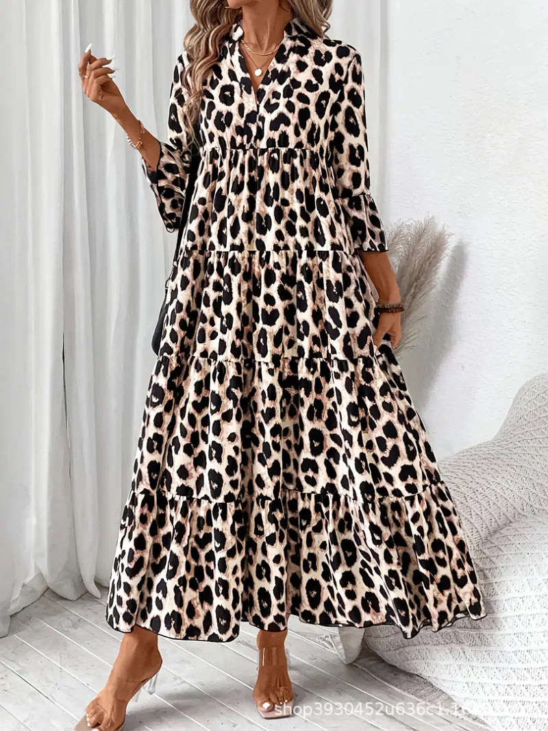 Women's Ladies Leopard Print Boho Mid-length Dress