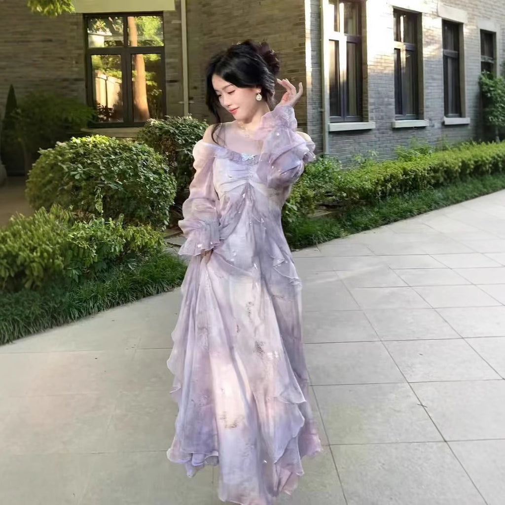 Fairy Purple Blooming Butterfly Bronzing Ruffled Dress